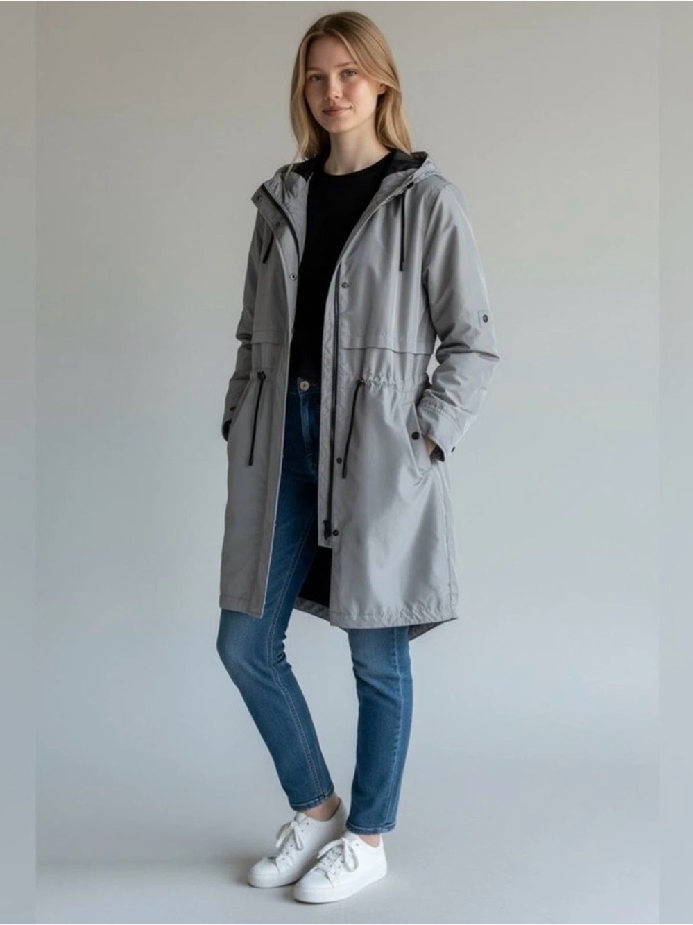 Mackage Light Gray and Black Hooded Trench/Rain Coat